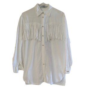 Pia Rucci Women's Fringe Button Down Shirt, Off-White, Size Small, Cotton Blend